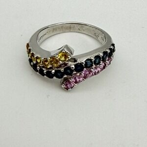 Chuck Clemency NYCII Sterling Silver 3 row Pink Blue‎ Yellow Sapphire ring 8.25